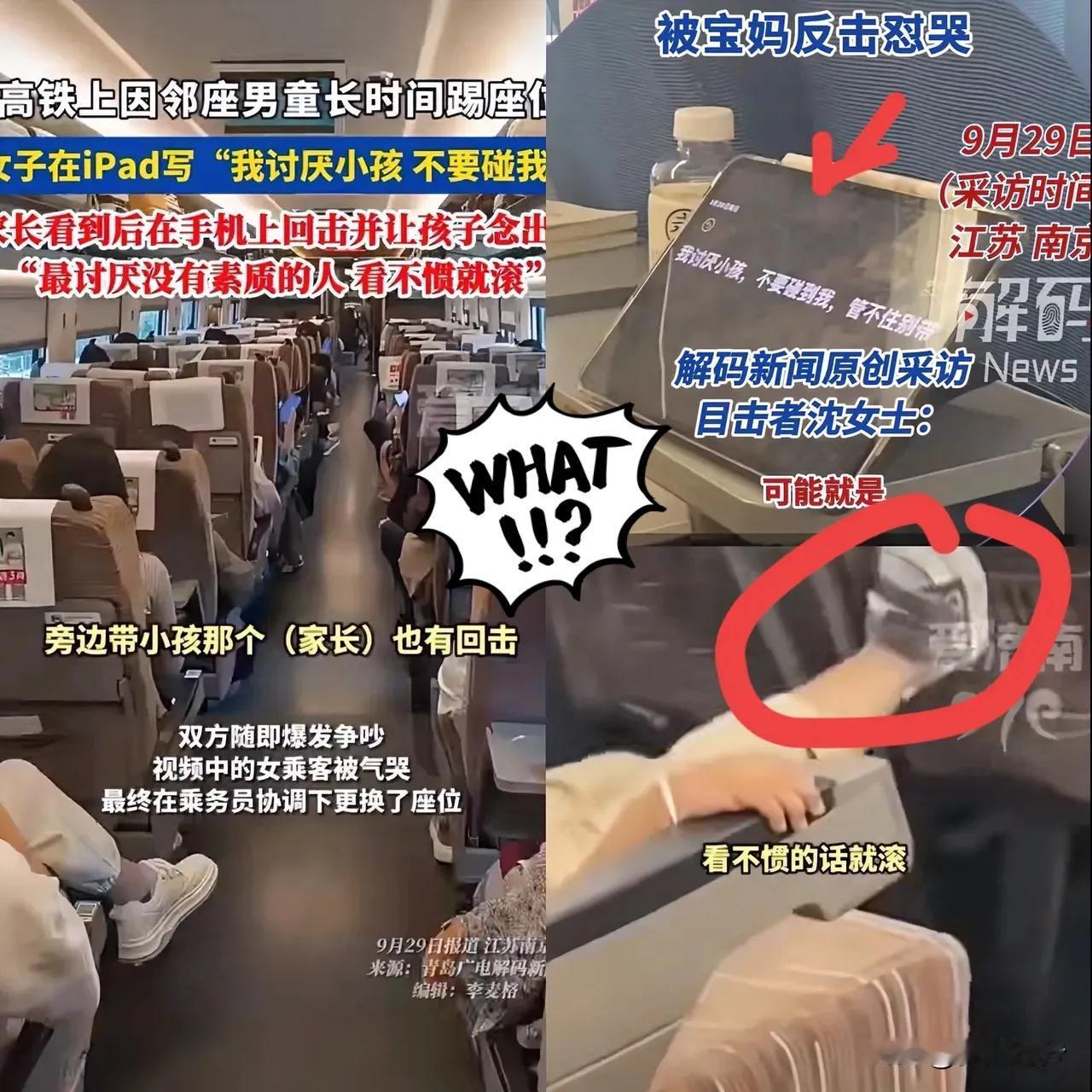 高铁上一场闹剧，

把“熊孩子”和“熊家长”的矛盾推上风口！

女乘客被踢座后用