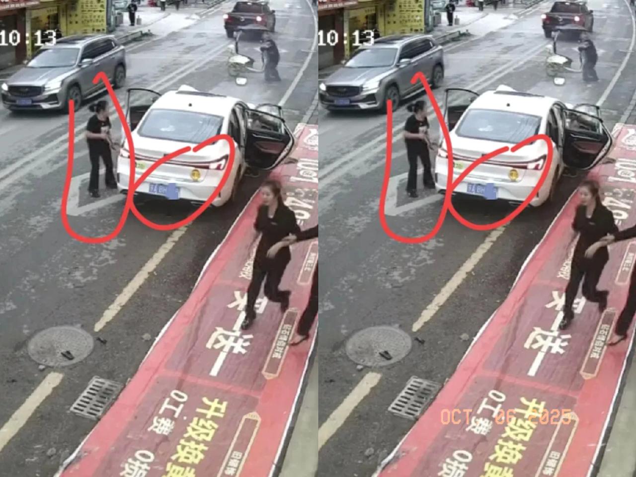 利川车祸肇事车，南京牌照，最后停在一家珠宝店门口，一个中年妇女站在驾驶室车门外，