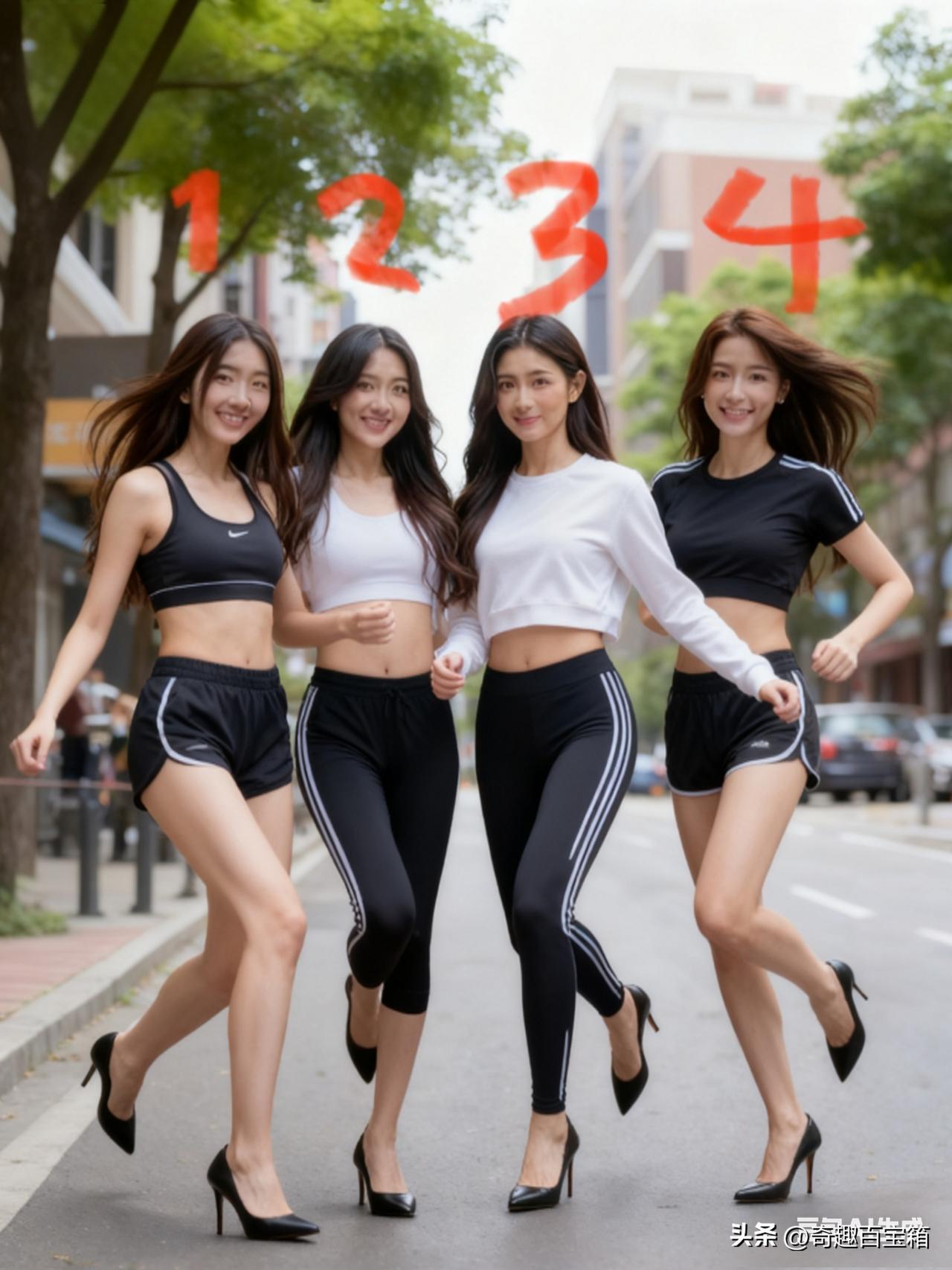 这个画面也太有活力了吧！四位小姐姐的穿搭又辣又清爽，跑步都带着青春感高清美女 元