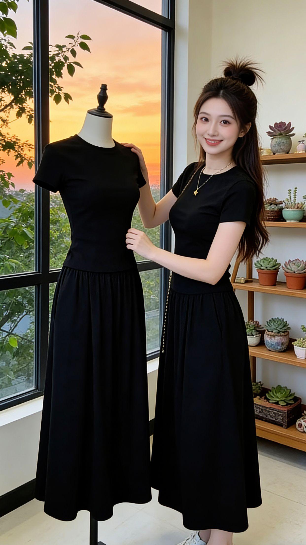 从工作室到街头再到郊外，这套黑色两件套承包了我整个夏日的出行。修身短T恤掐出利落