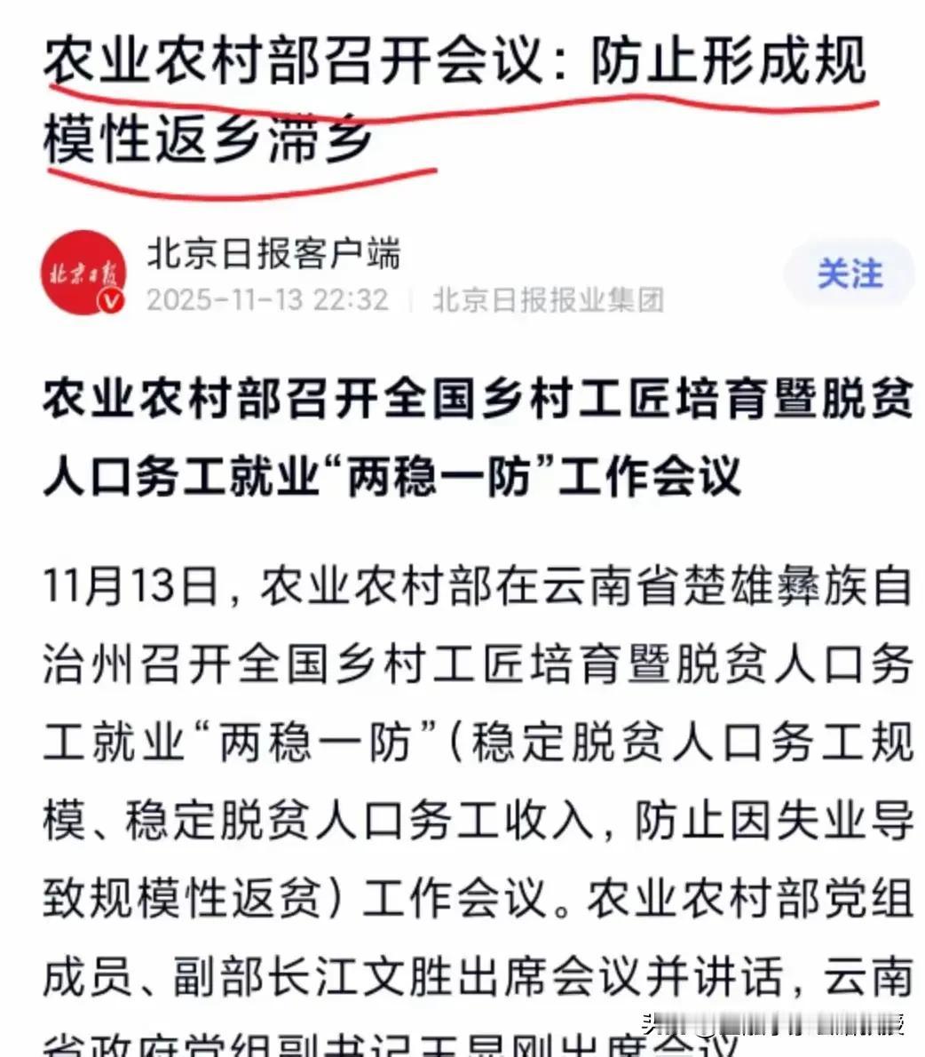 很多人理解错了，农业农村部说的“防止规模性返乡滞乡”意思是防止因失业返贫，不是不