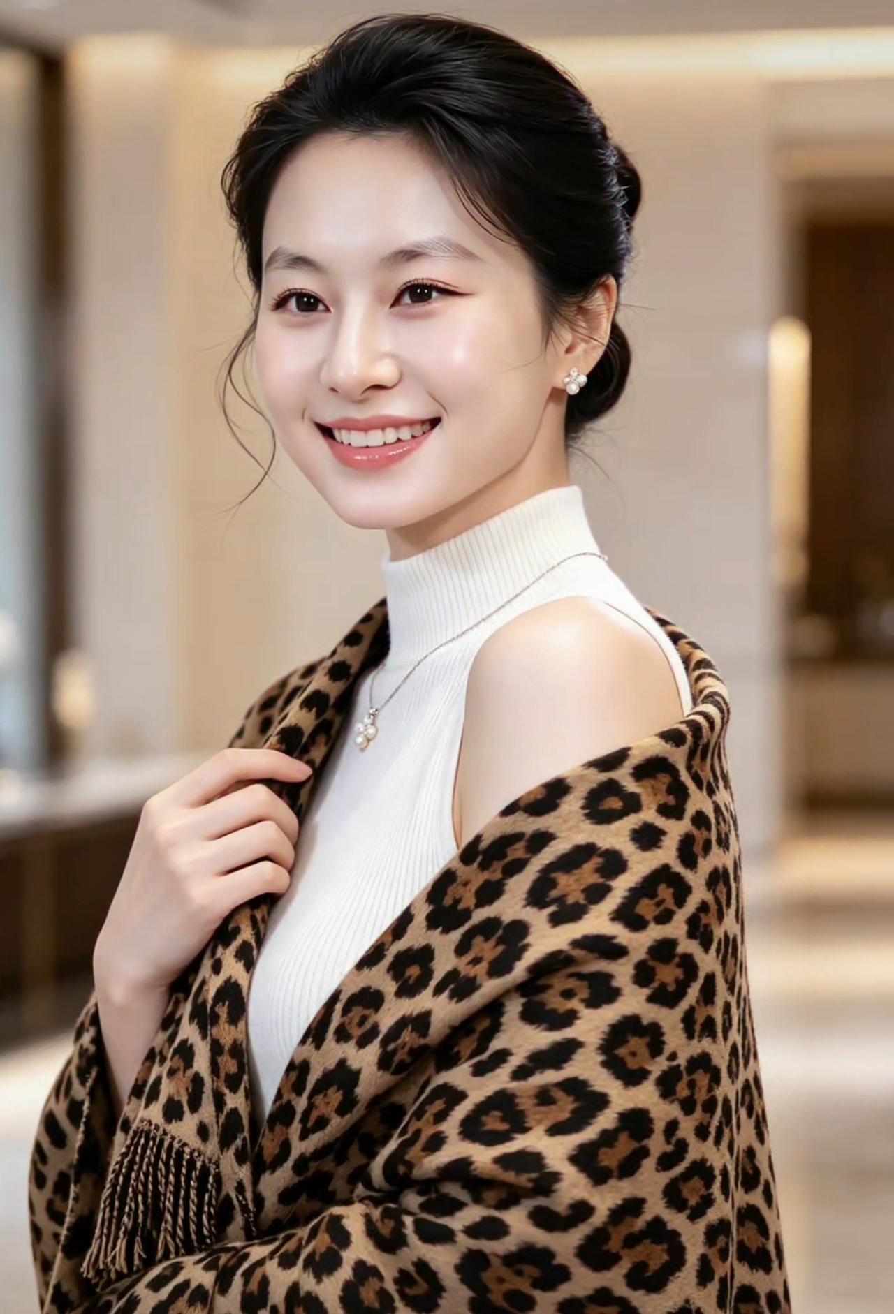 这位女士穿着豹纹外套，笑容甜美。