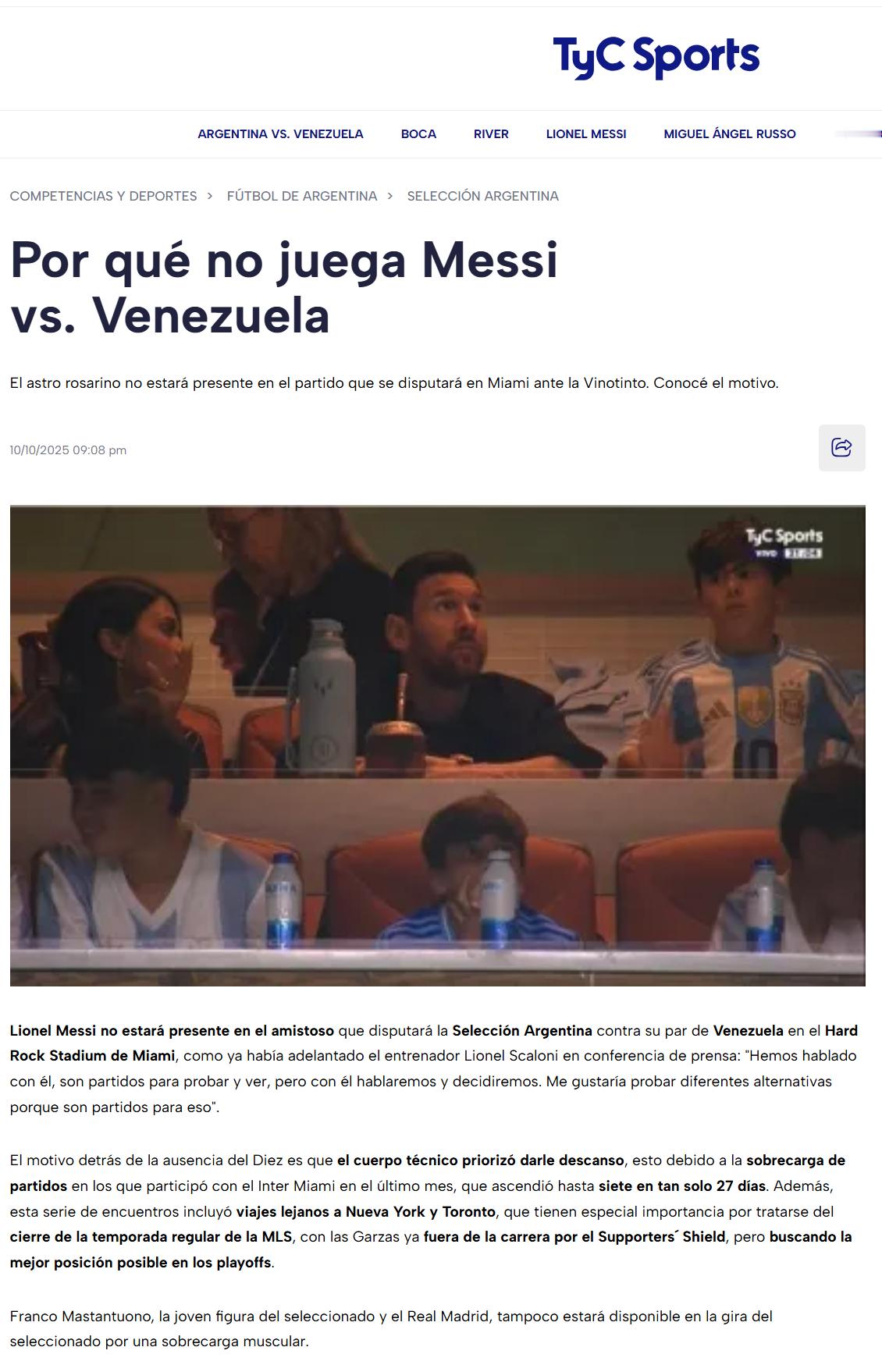 TyCsports：梅西缺席的原因是球队教练组决定优先让他休息，因为他在过去一个