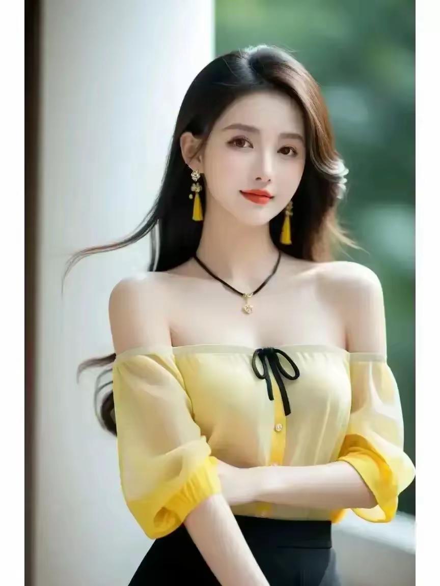 温柔甜美的黄色露肩上衣，搭配黑色项链和耳环，优雅气质满分！🌸💖