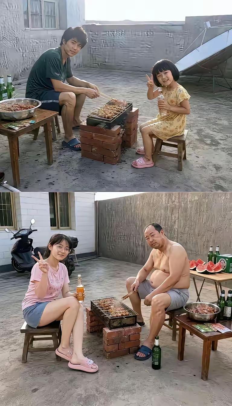 都说女大十八变！你看，父老恐怕有二十变吧？你说，到底谁的变化大？