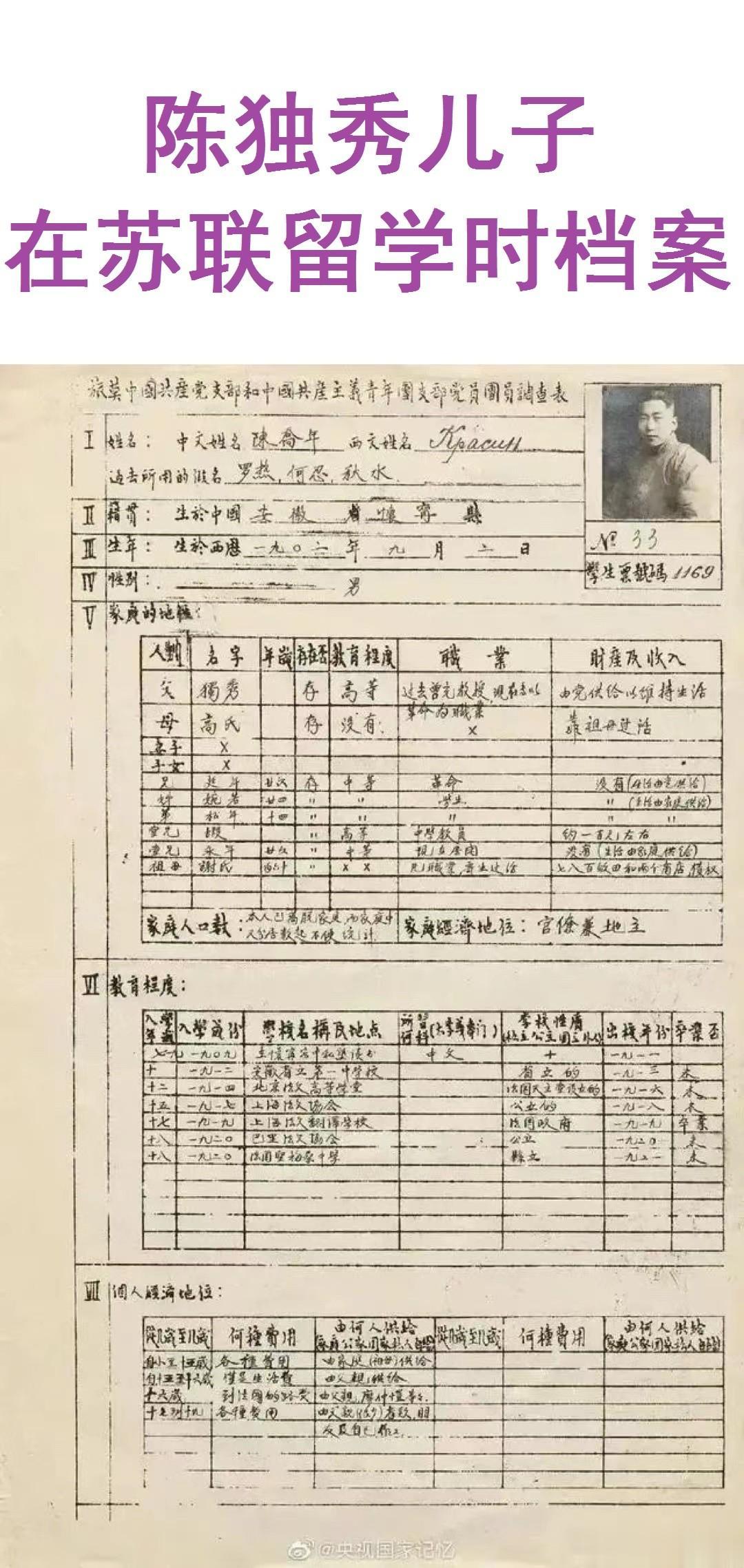 这是陈独秀儿子的档案表
作为陈独秀的儿子，陈乔年和陈延年两兄弟一直致力于探索中国