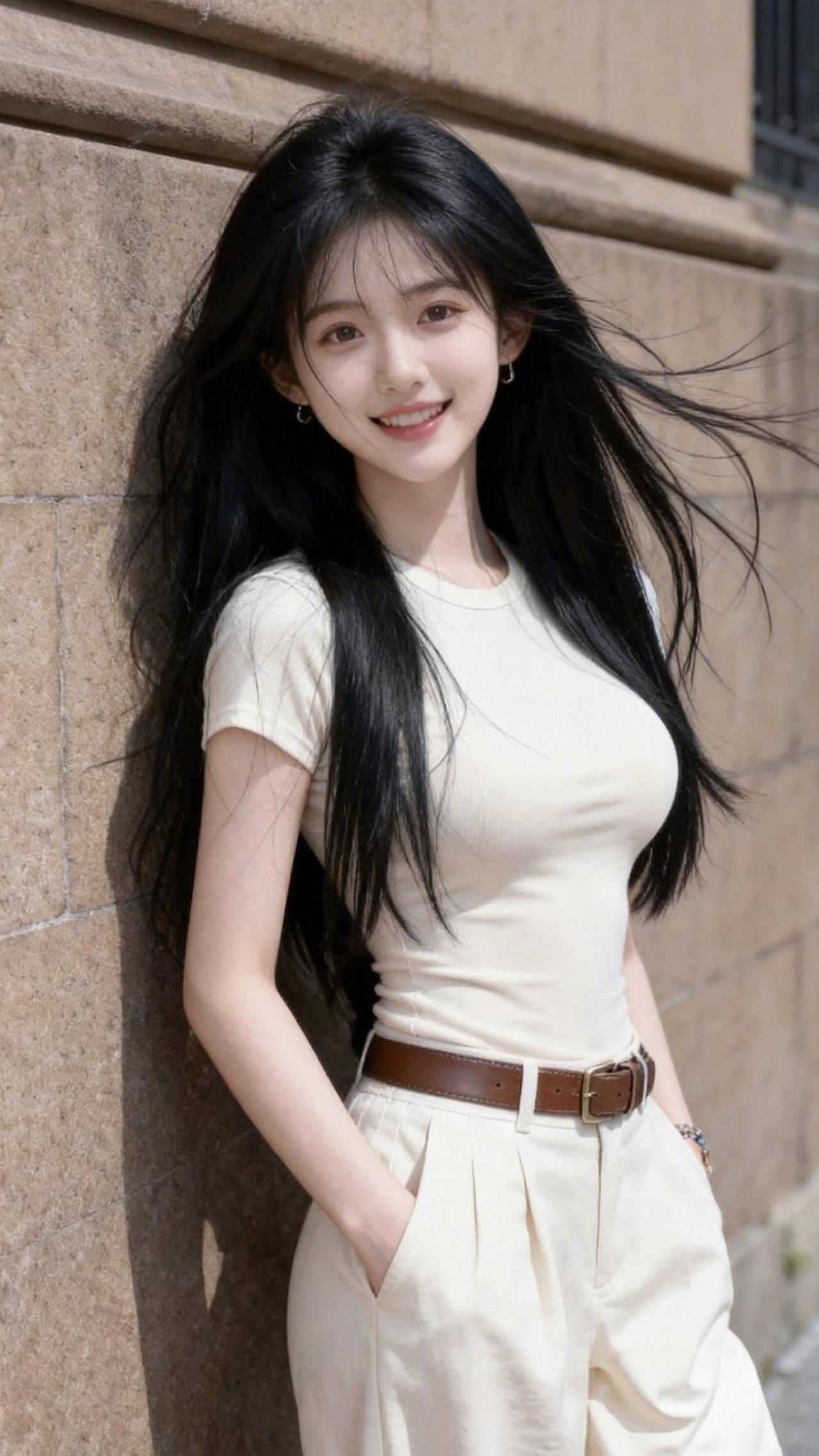 黑发飘逸，笑容动人