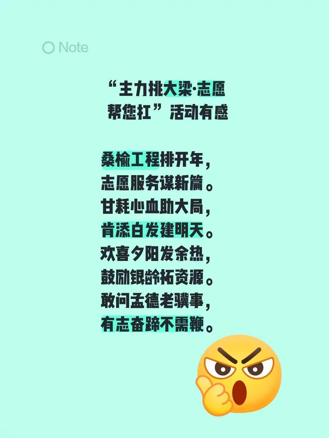 “主力挑大梁·志愿  帮您扛” 活动有感桑榆工程排开年，志愿服务谋新篇。甘耗心血