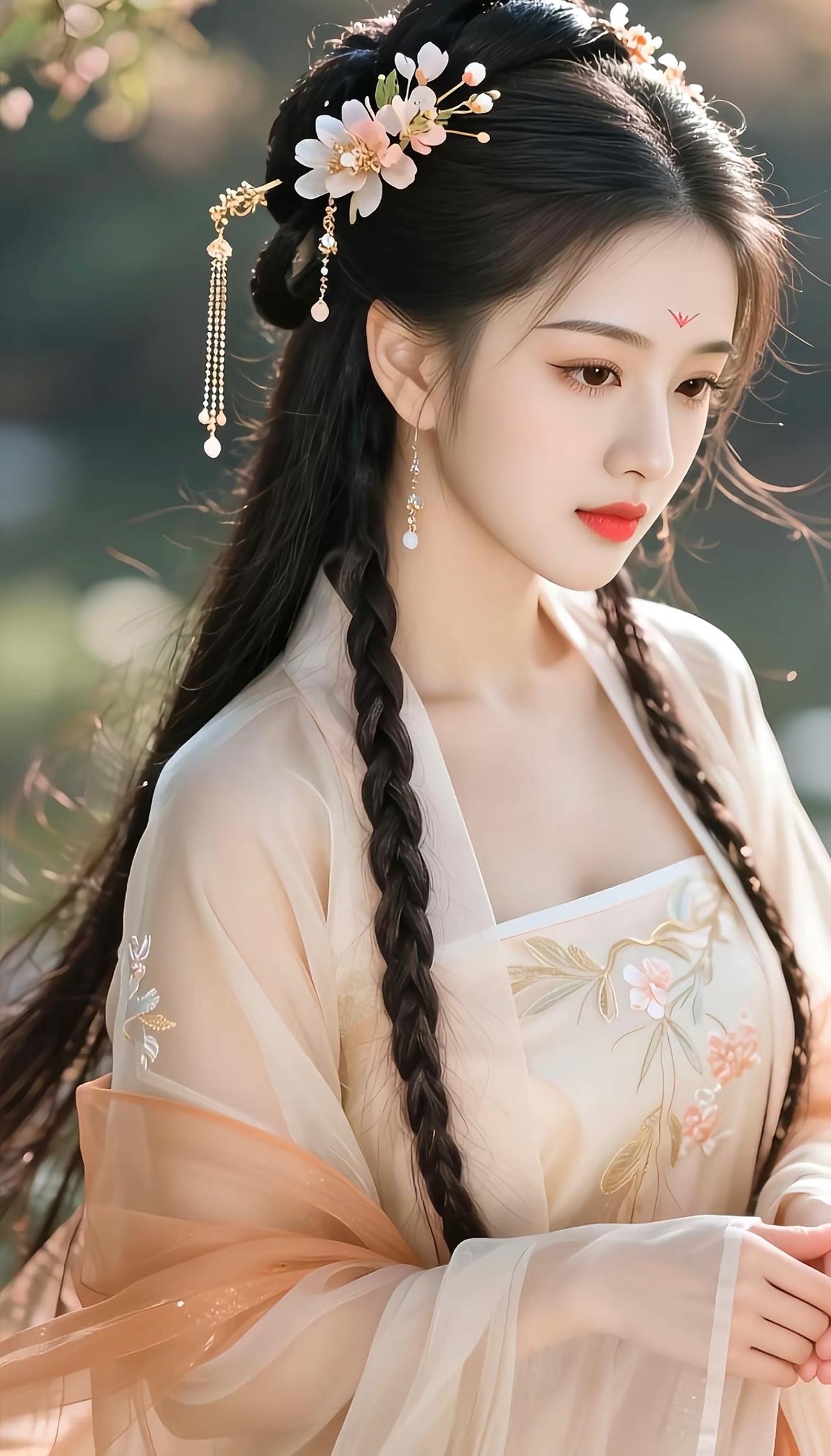 软风拂槛晴光遍洒，
花钿缀云鬓胜烟霞。
浅衫叠绣香凝罗袖，
素靥含愁目断天涯。