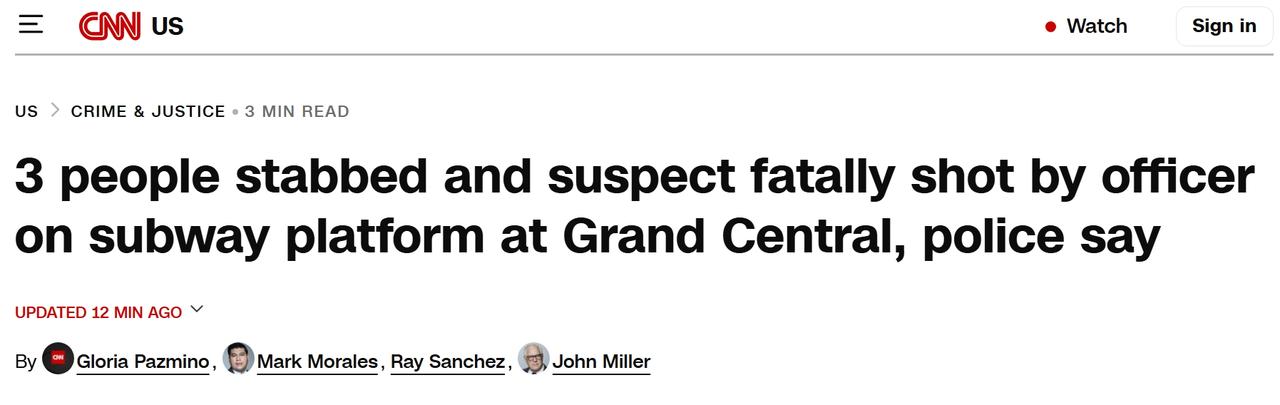 美国男子在地铁站挥刀乱砍，被当场击毙
当地时间周六上午，一名男子在纽约曼哈顿中央