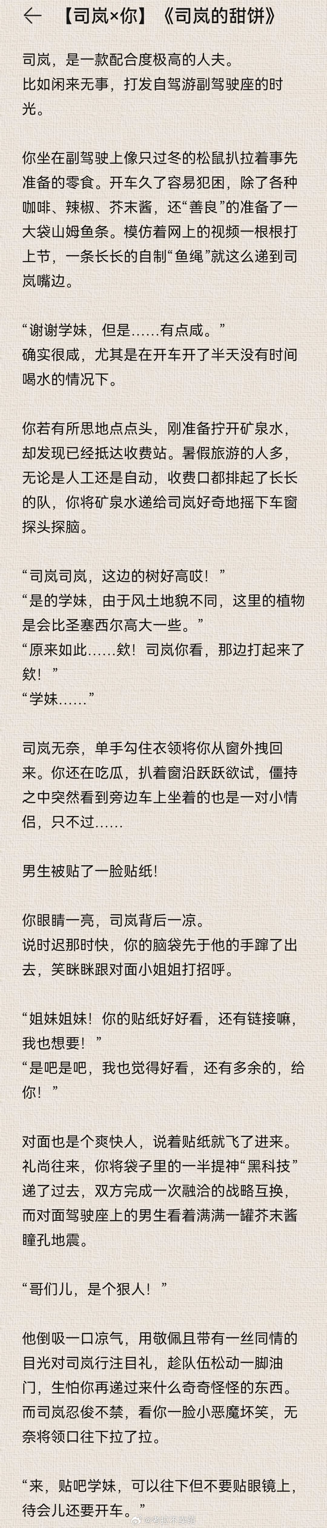 司岚 司岚，是一款配合度极高的人夫。比如闲来无事，打发自驾游副驾驶座的时光。司岚