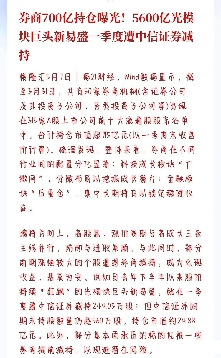光模块板块追高要谨慎了，券商已经开始悄悄的减持了数据显示，虽然现在券商机构介入光