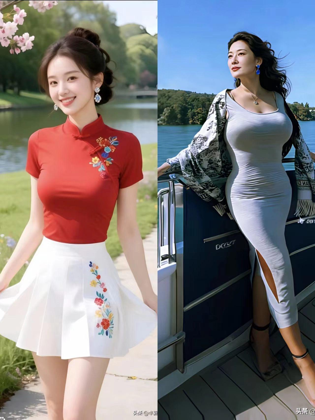 春日双艳
红衣映日灿朝霞，
白裙临风拂柳花。
灼灼风姿添丽色，
亭亭气韵胜芳华。