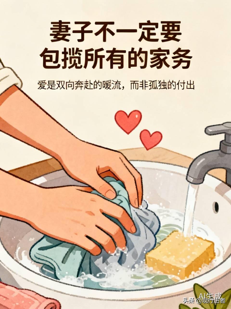 妻子不一定要包揽所有的家务。

爱是双向奔赴的暖流，而非孤独的付出。当你包揽一切