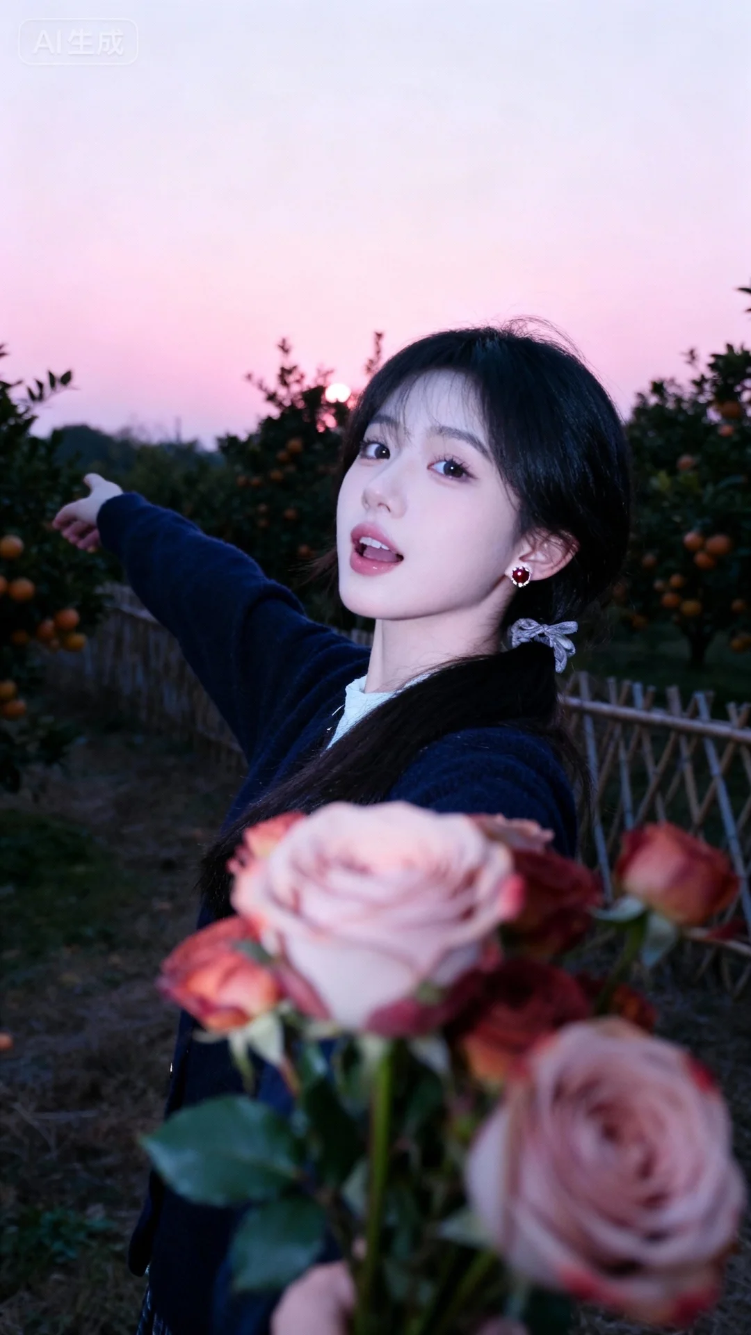 朦胧美学，网感头像，极限颜值，前景是随意的玫瑰花，随意的穿搭，冷白皮女生可爱纯俏