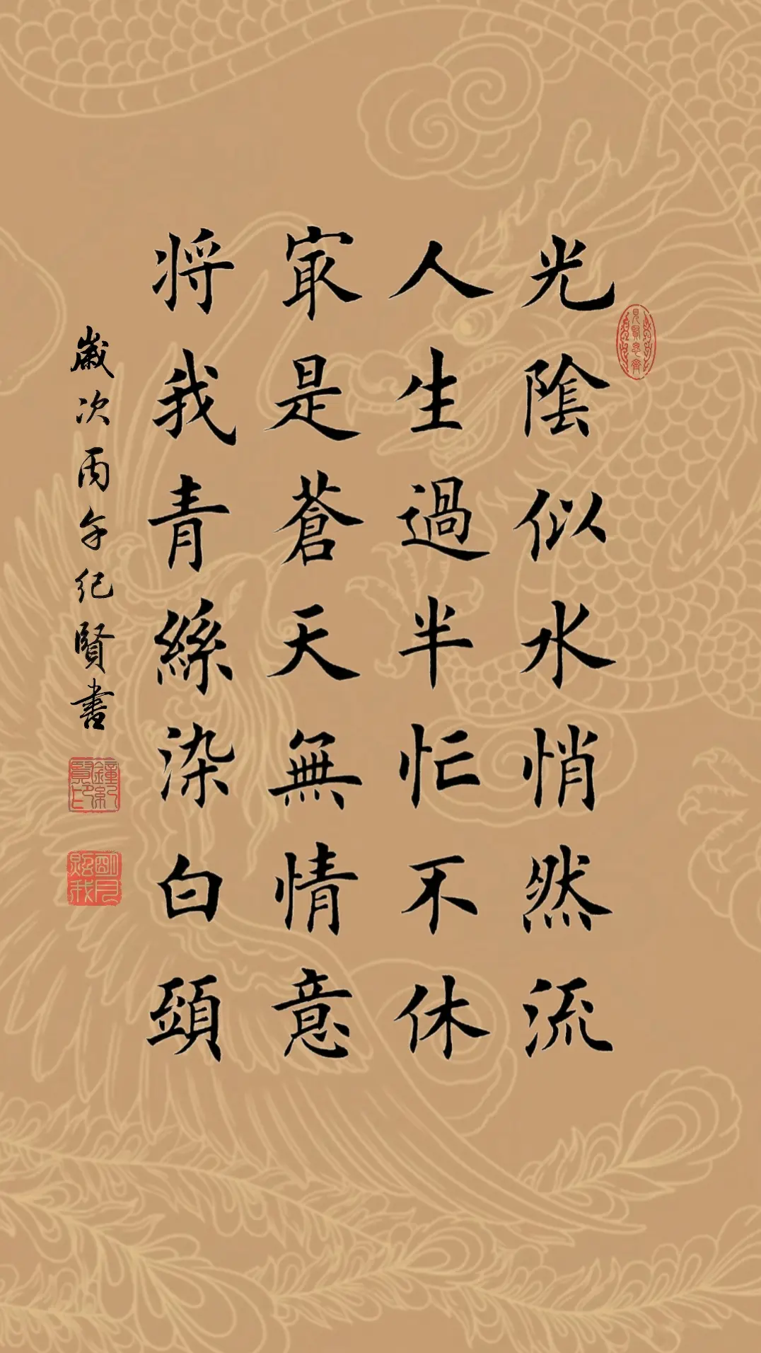 光阴似水悄然流 人生过半忙不休 最是苍天无情意 将我青丝染白头