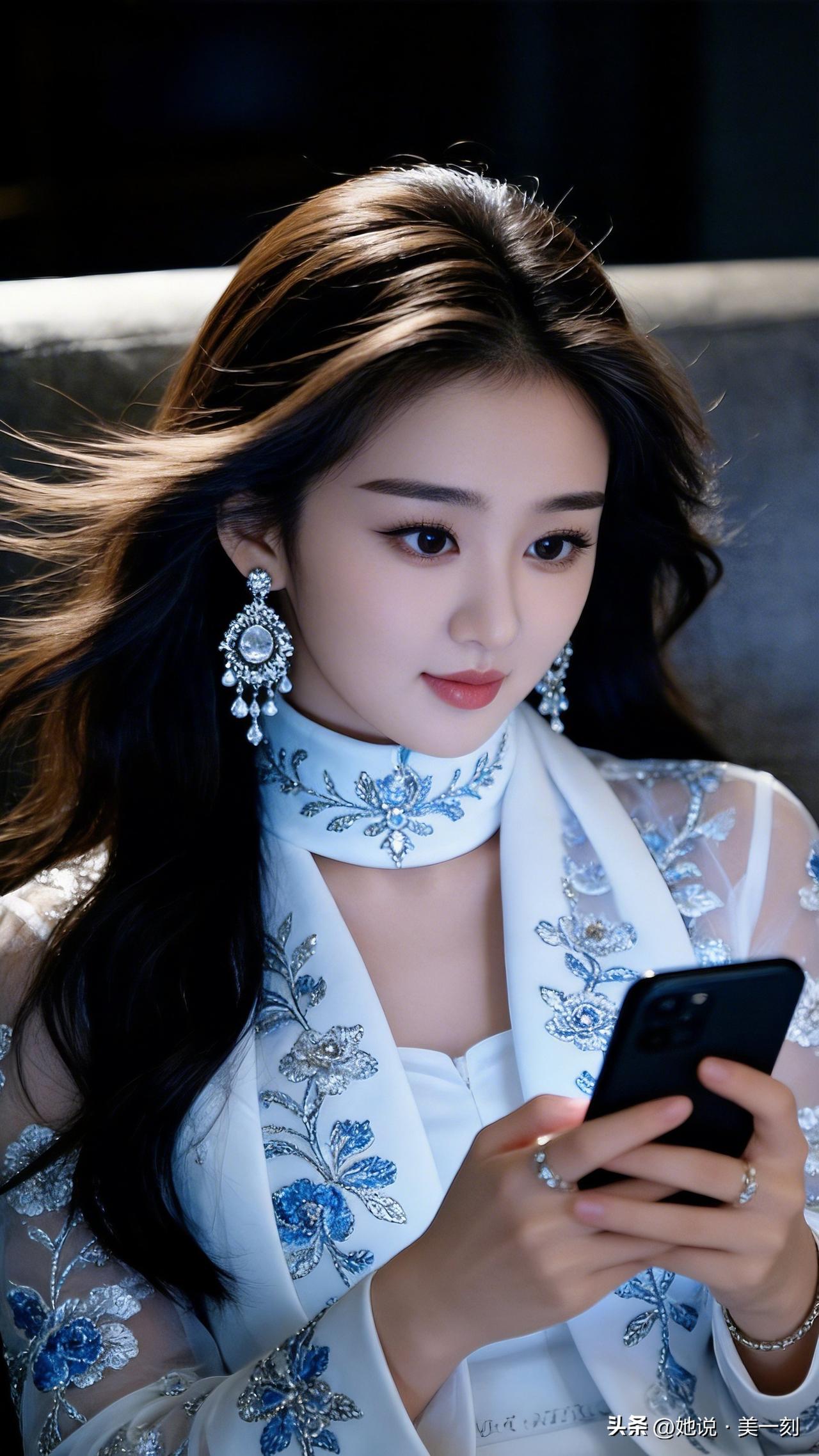 优雅白衣少女，沉浸在手机世界，精致耳饰点缀，尽显时尚魅力。知性美女穿搭分享