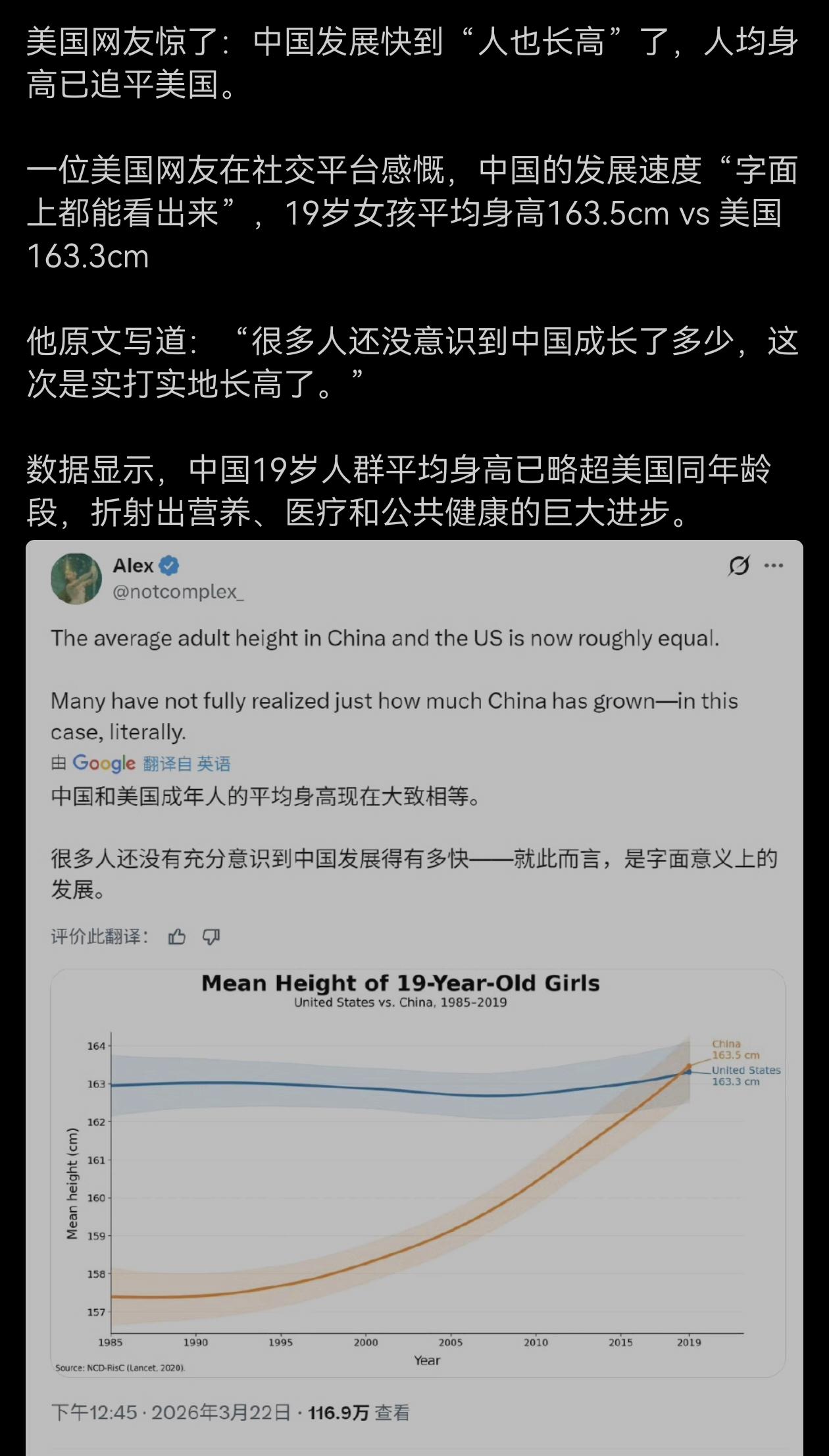 这个我也惊到了，中国19岁人群平均身高已略超美国同年龄段？真的吗？