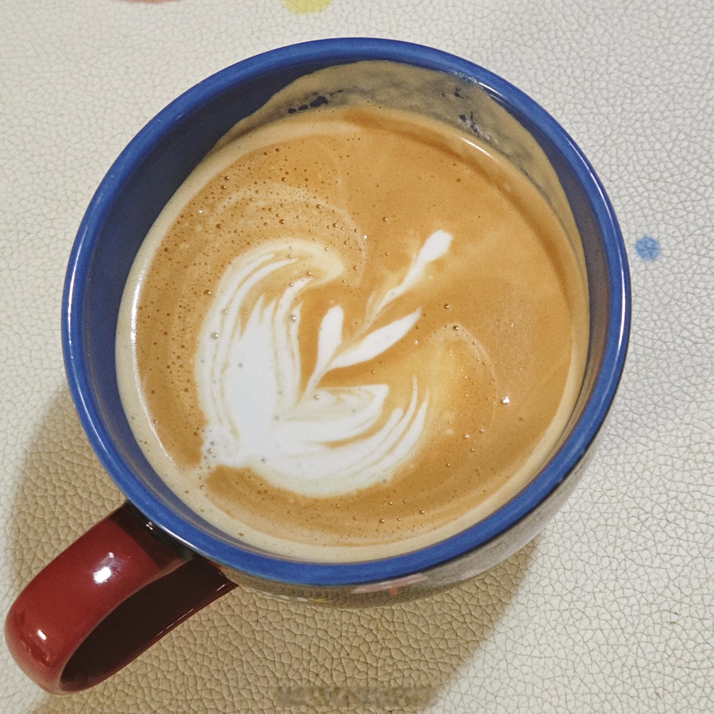 这个拉花变形啦还有奶泡泡可还是好看的海哥从卧室出来突然盯着我然后用手指抹了下我嘴