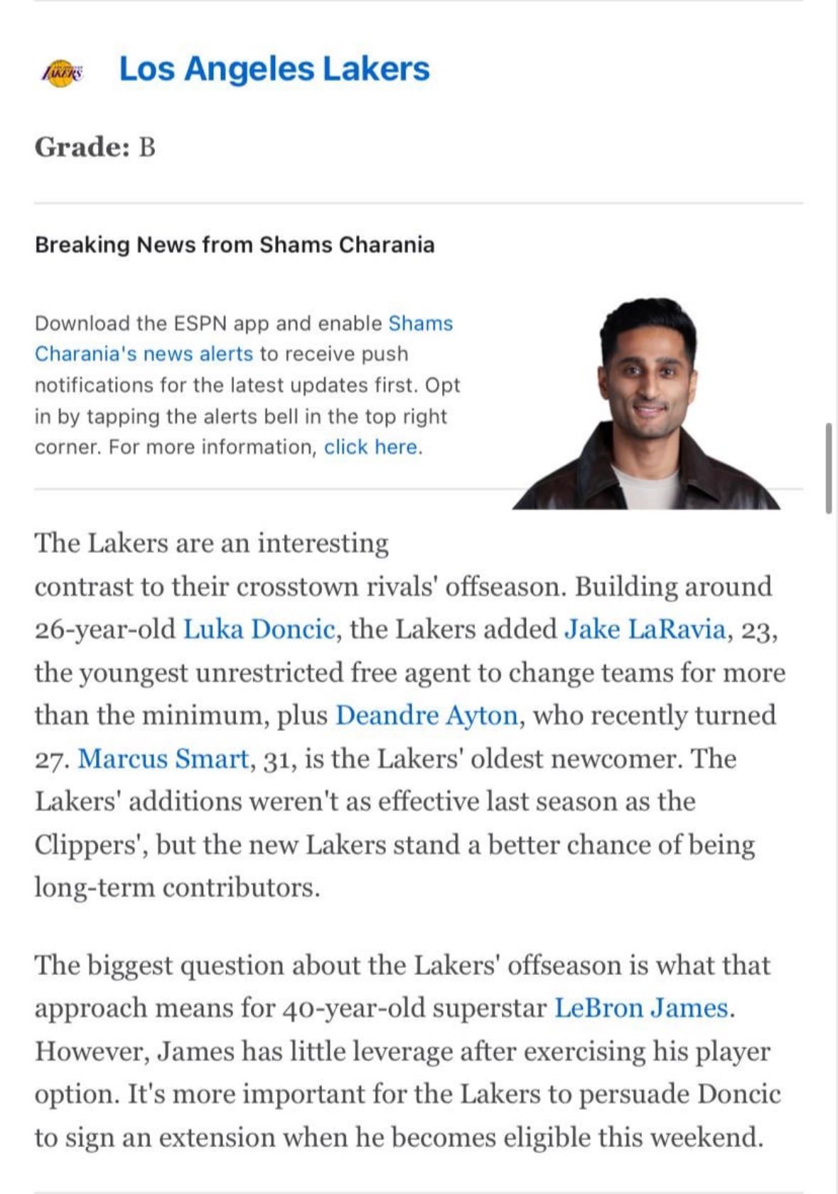 ESPN对于湖人队休赛期操作评价为：B湖人队的休赛期与他们同城对手的休赛期形成了