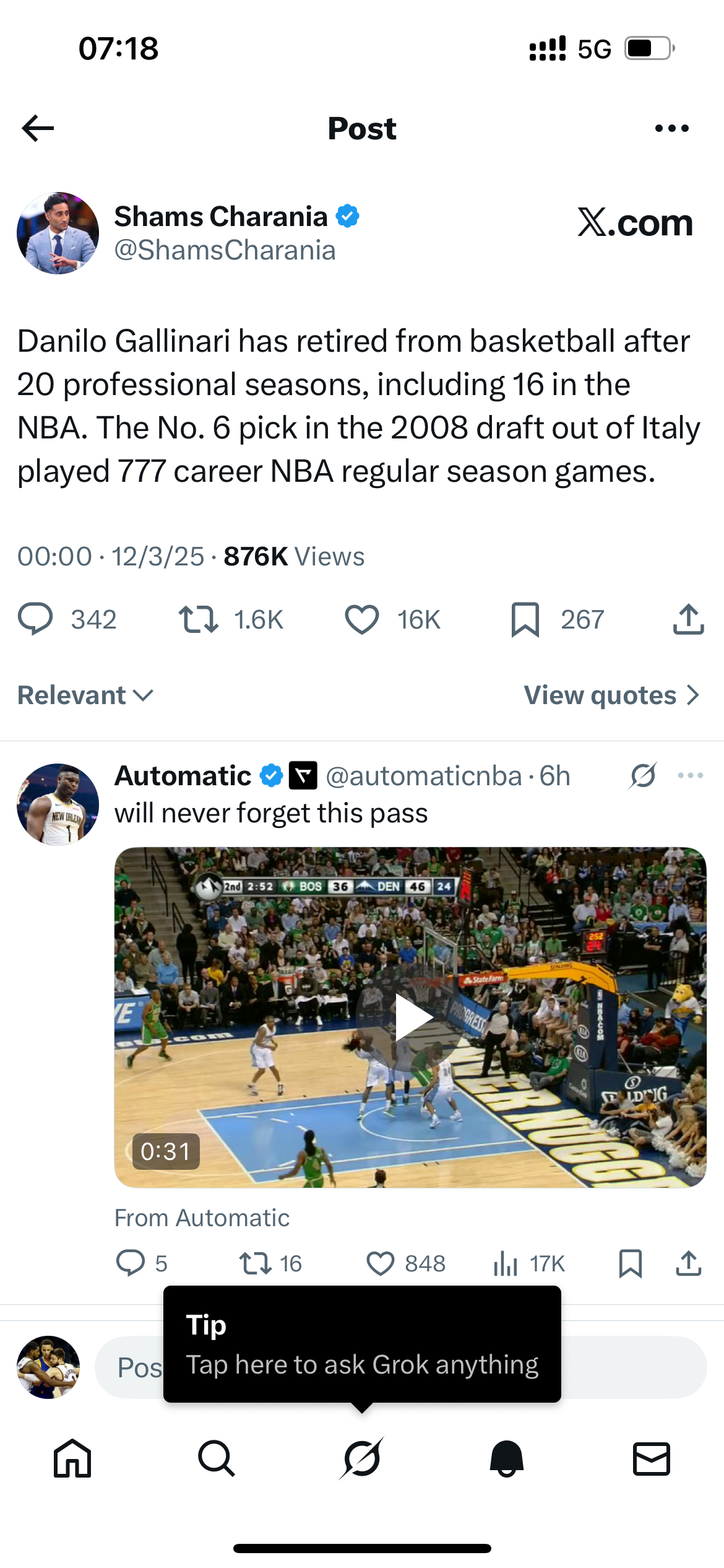 加里纳利退役了，20年职业生涯，16年NBA，2008年的6号秀，总共打了777