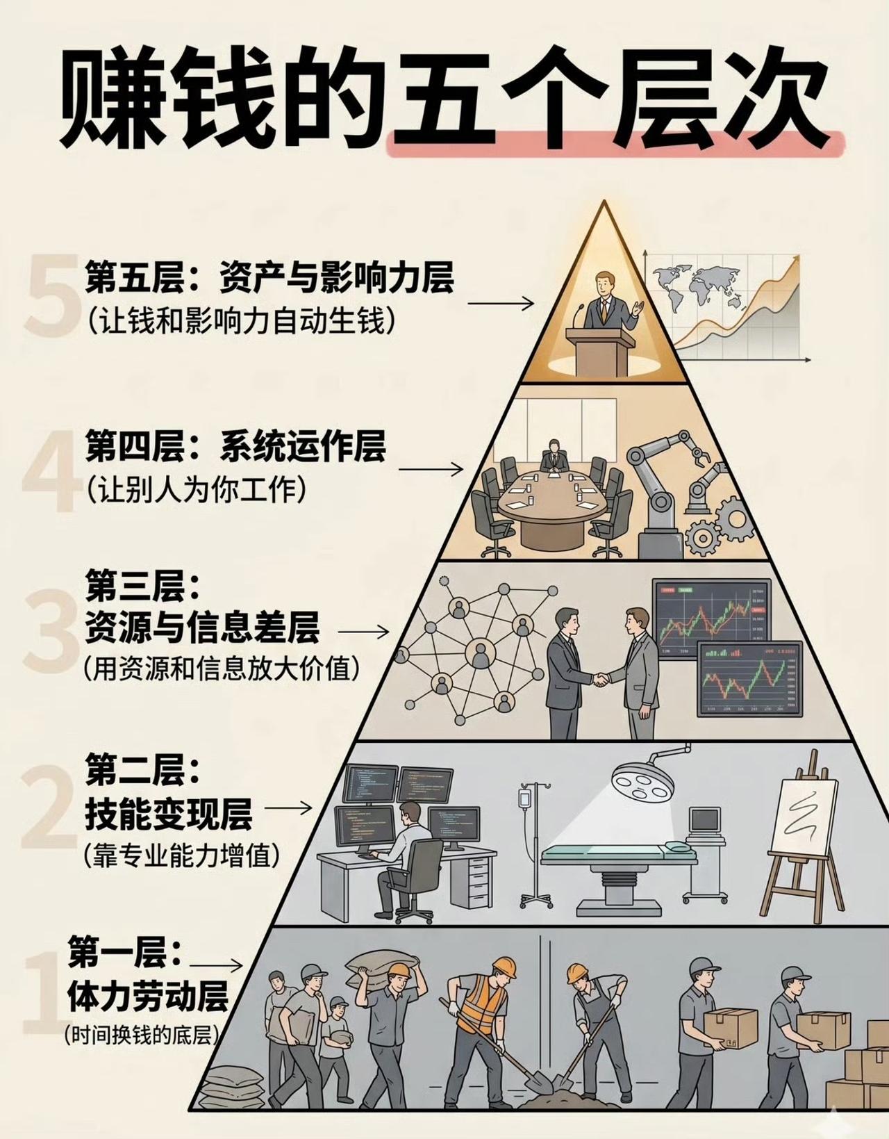 看懂赚钱的五个层次，才明白人与人财富差距的根源，从来不是单纯努力。
 
第一层｜