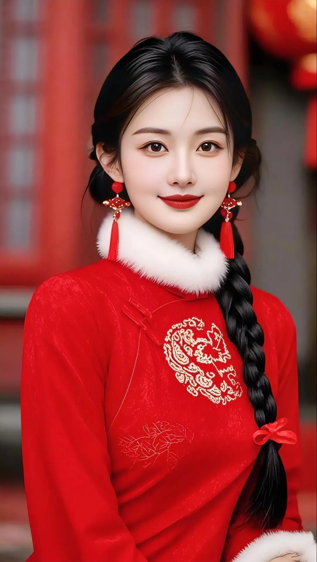 新年红妆美如画，福气满满笑颜开。一身红装喜佳人 姿娇容艳笑容甜