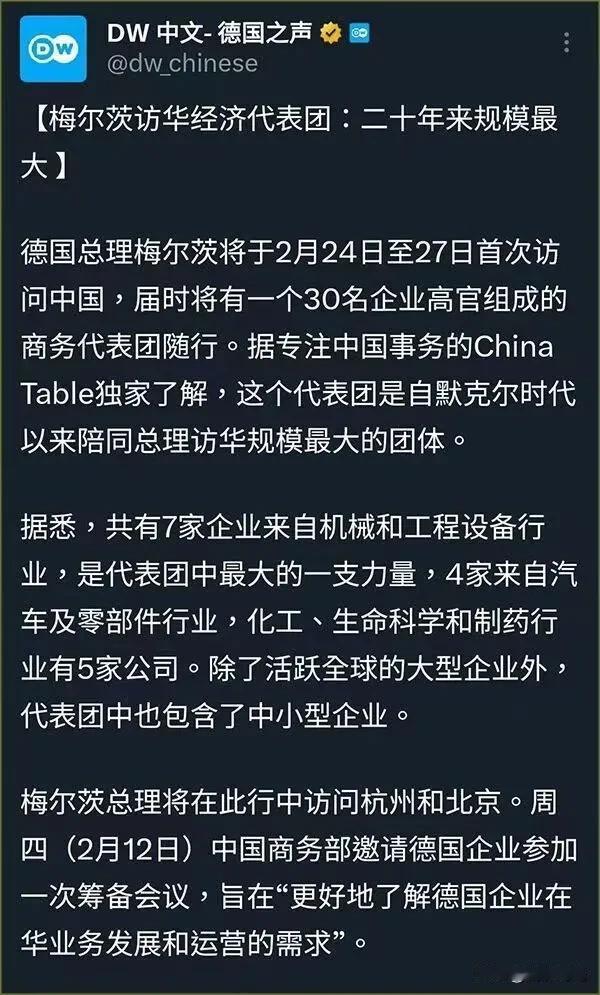 DW中文-德国之声:【梅尔茨访华经济代表团：二十年来规模最大】德国总理梅尔茨将于
