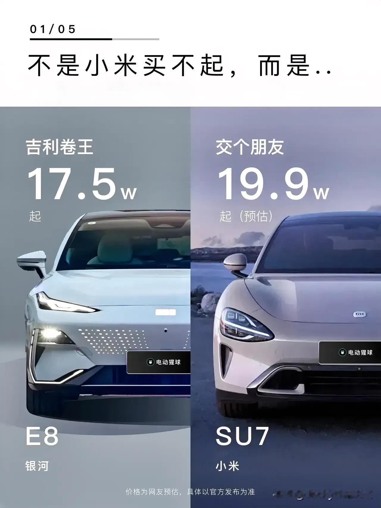 小米SU7定价左右为难，该定多少钱呢？如果入门版卖17万销量肯定稳了，毕竟E8和
