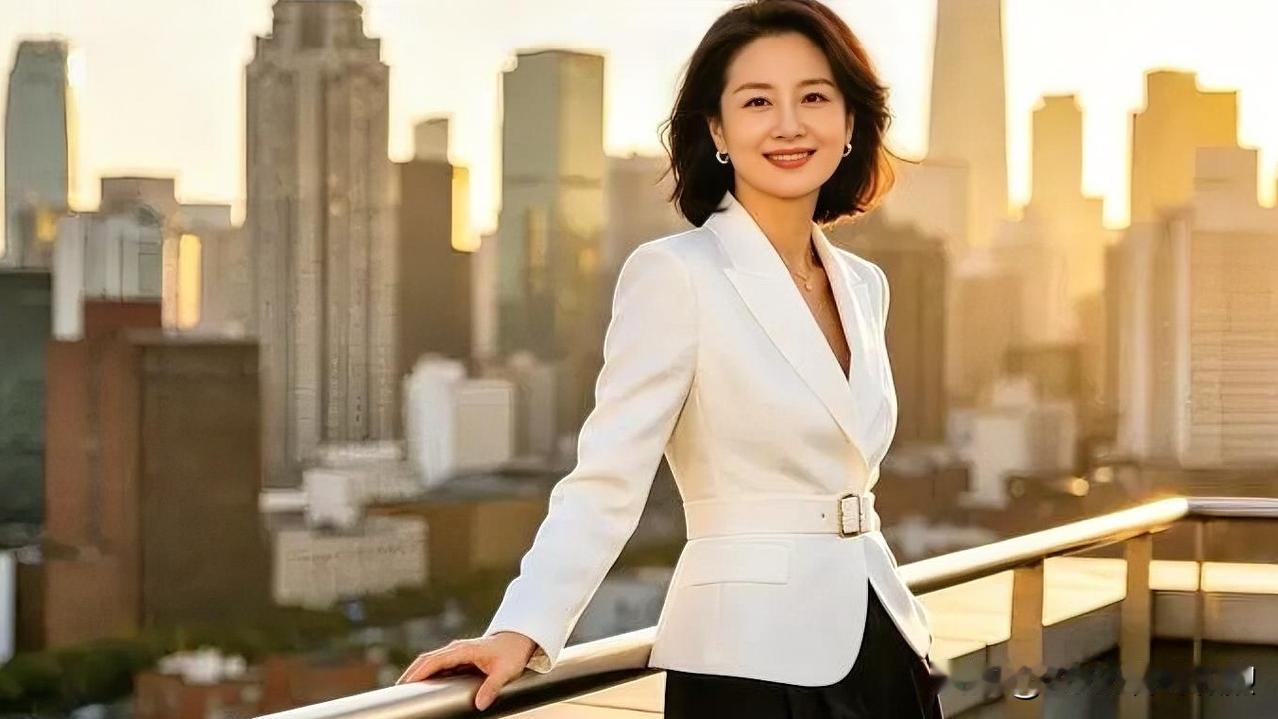 白色西装外套剪裁利落，映衬都市天际与金色暮光，从容自信中，诠释现代女性的独立与优