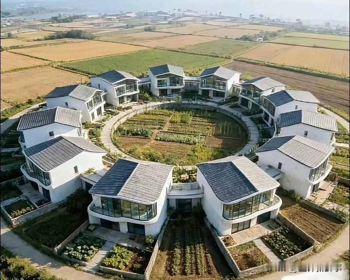 土豪回乡建房，太任性了！
一个家族就是一个圈，中间是公园，外面是菜地，或者是私家