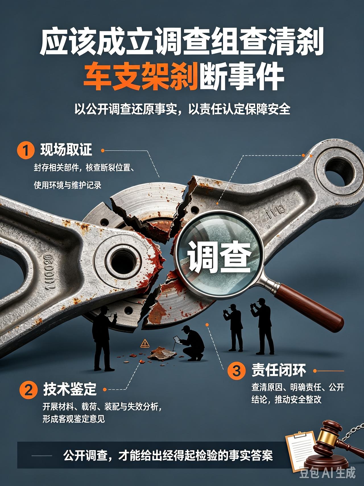 【应该成立联合调查组查清刹断事件】

最近刹车支架刹断事件，搅动了整个社会，也冲