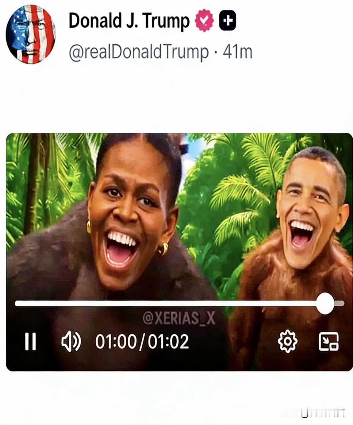 特朗普深夜转发奥巴马夫妇P成猴子的视频，被骂到连夜删除。
奥巴马作为美国首位非裔