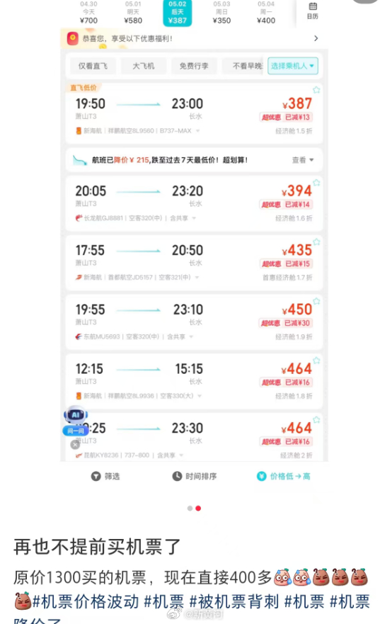【#五一假期机票突然大跳水#】#机票提前买1300元假期买400元# 今年“五一