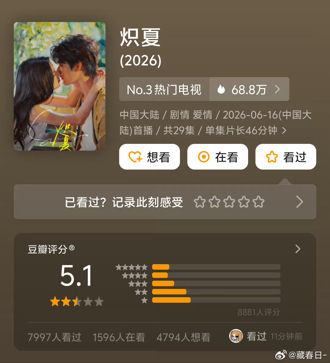 炽夏豆瓣开分5.1，打分人数8000+南部档案豆瓣开分6.7，打分人数5w+ 