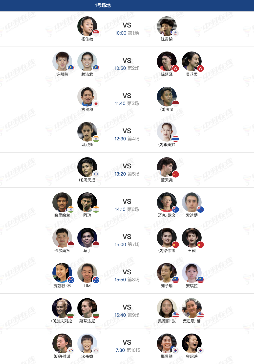 2026年澳大利亚羽毛球公开赛 6月11日各单项次轮赛程，早上10点开赛：【1号