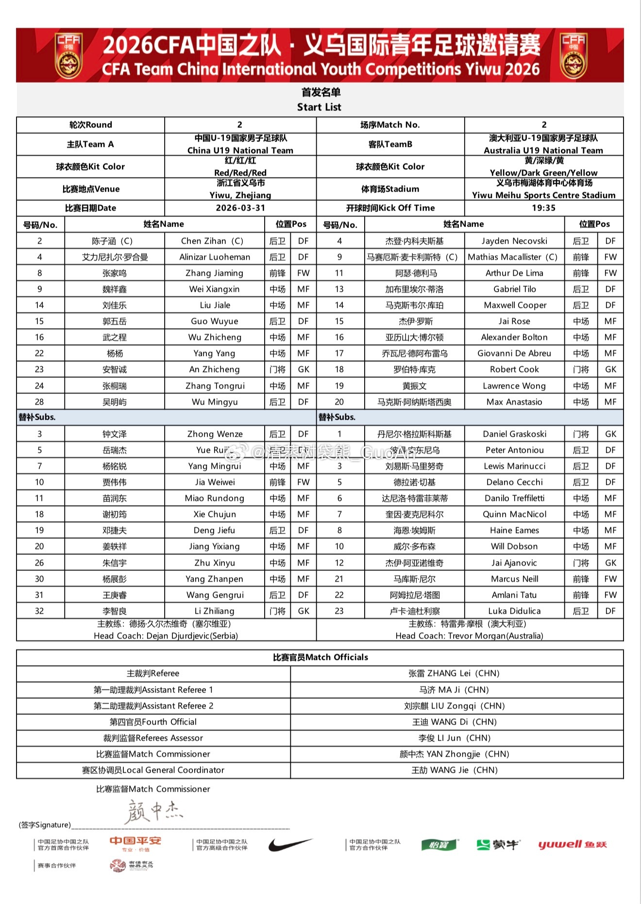 邓捷夫替补。北京国安u19国足vs澳大利亚u19首发