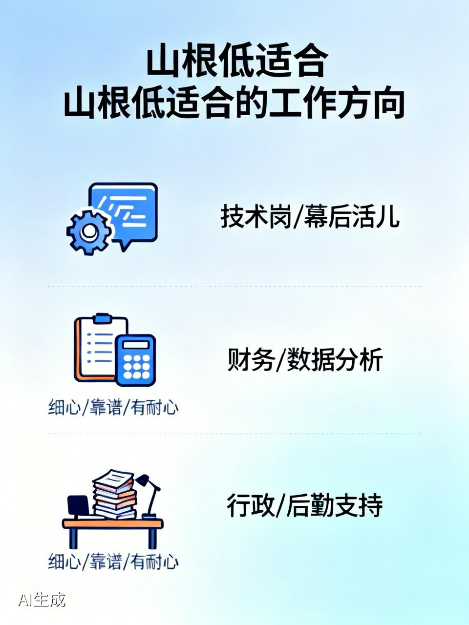 山根低的人，干啥工作能“稳”？

咱先说啥是山根，就是两眼中间、鼻梁的起点那块儿