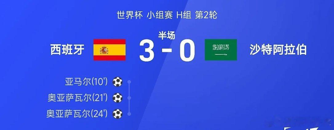 李现开球6月22日讯 2026年世界杯小组赛次轮，西班牙对阵沙特阿拉伯，上半场比