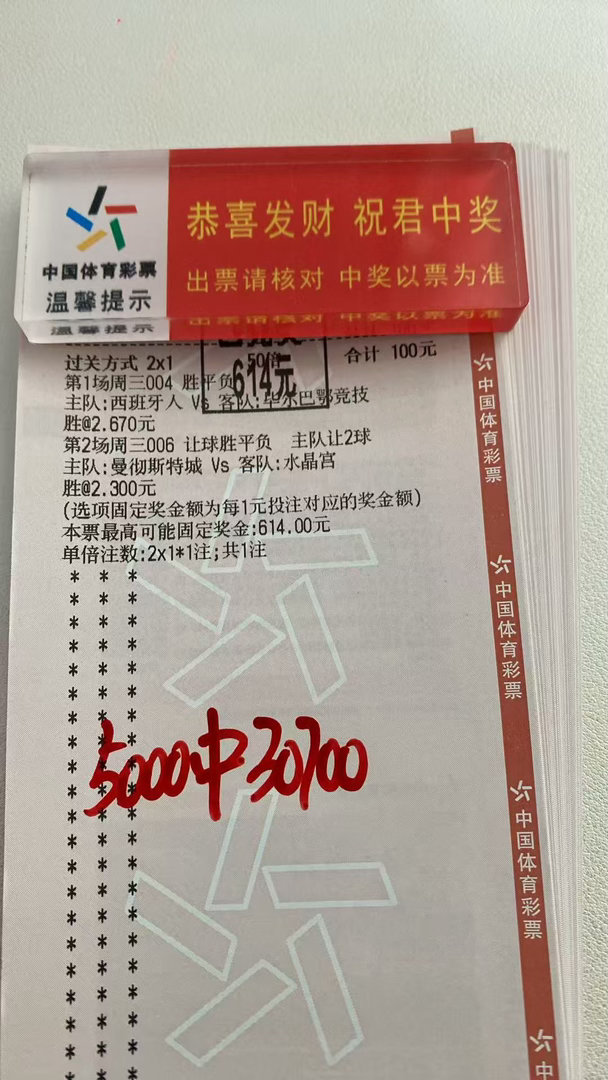 谁说2串1不能创造惊喜！精准拿捏两场赛事走向，100元投注解锁614元奖金，50