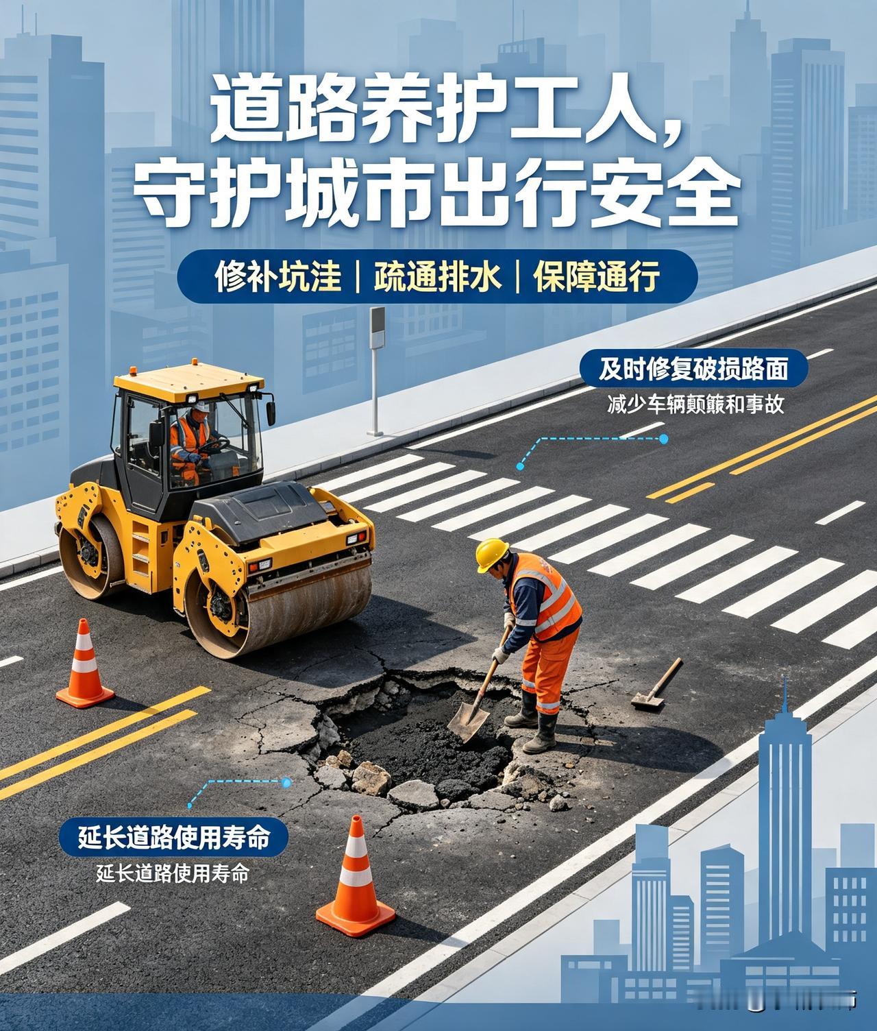 道路养护工人是城市路面的“守护者”。他们修补坑洼裂缝、清理道路障碍、维护井盖排水