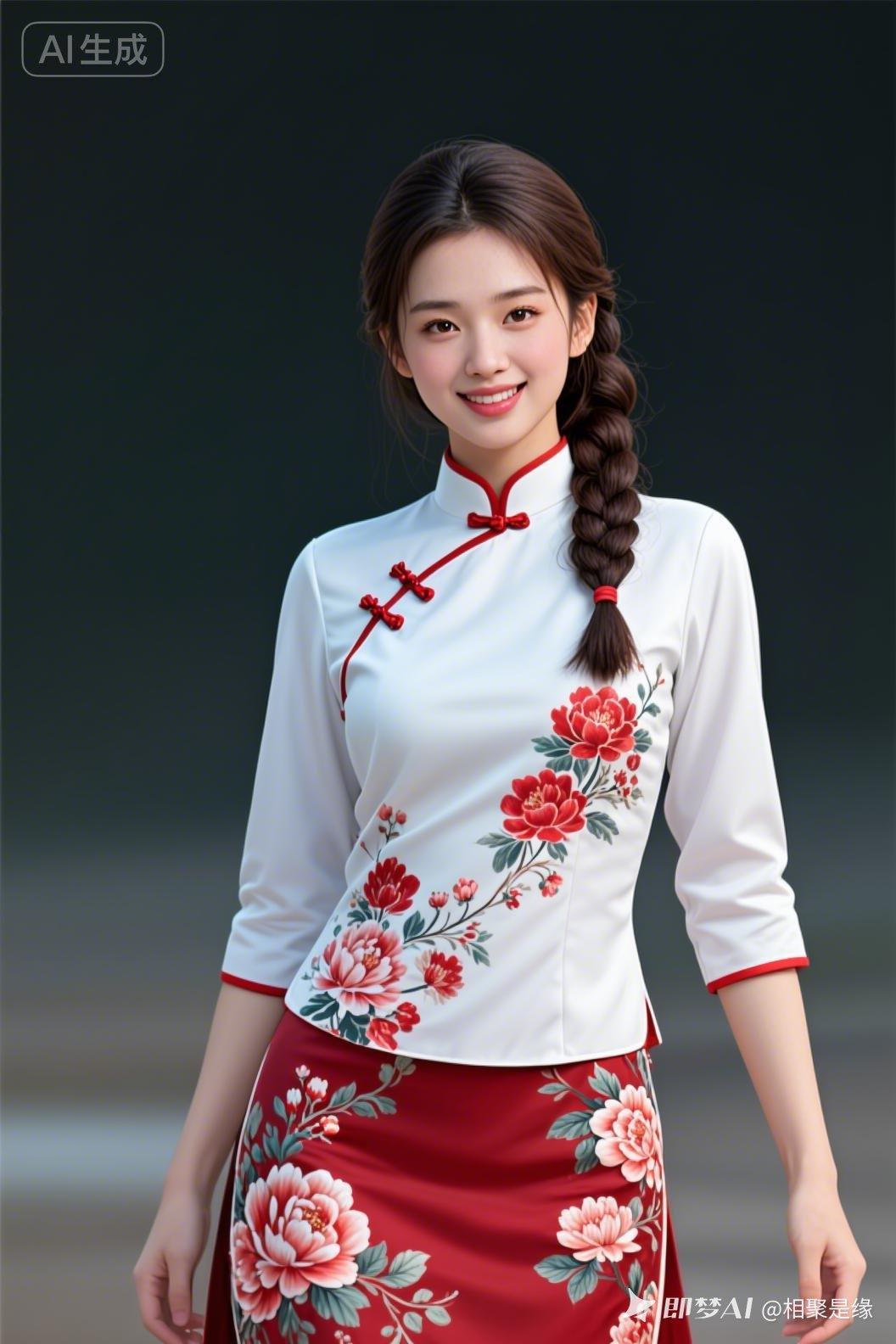这姑娘穿得真漂亮，像是从画中走出来的一样。