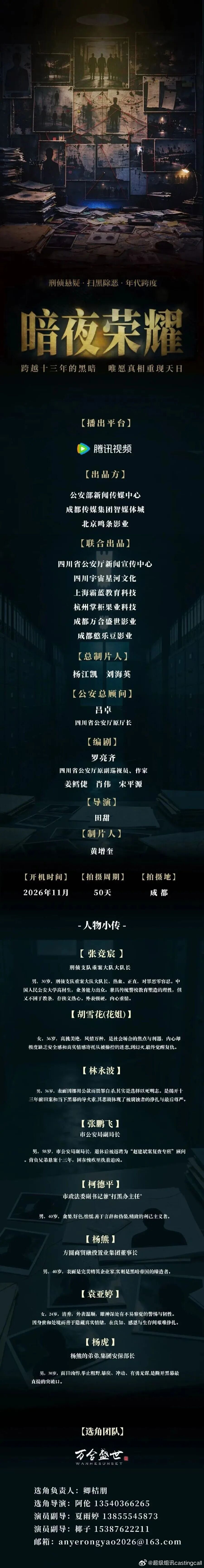 剧组组讯超级组讯 刑侦悬疑剧《暗夜荣耀》题材类型：刑侦悬疑、扫黑除恶、年代跨度出