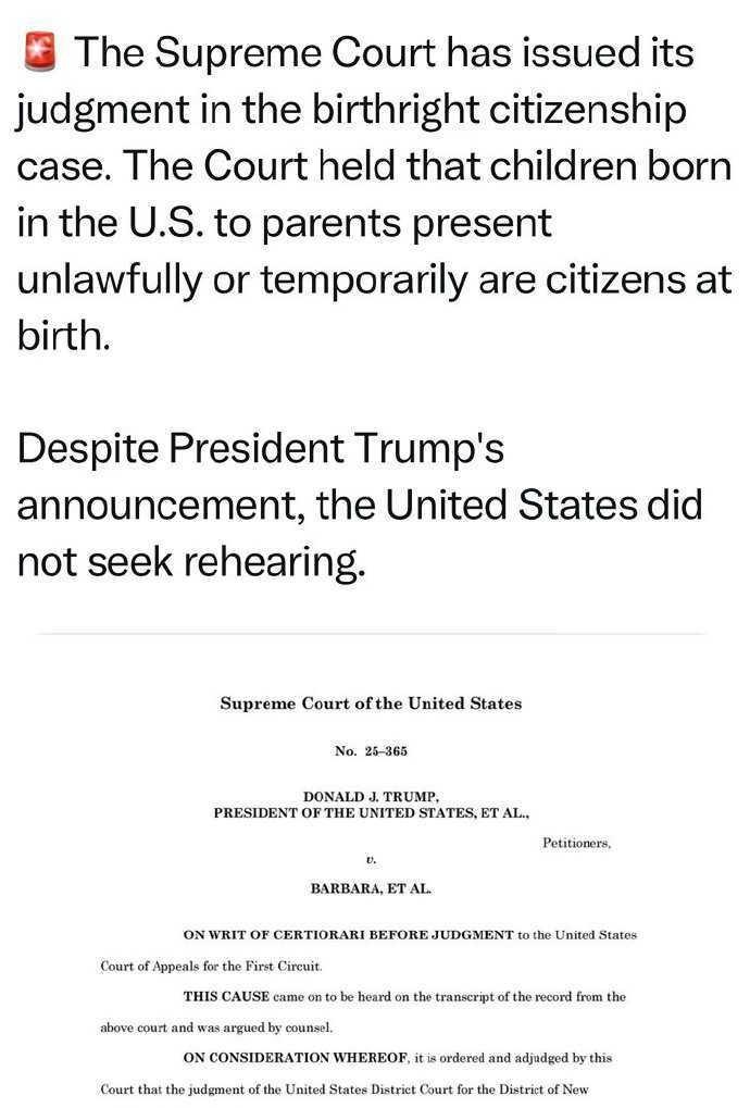 美国最高法：“出生公民权”，得到司法维护，总统无权取消。
特朗普力推是移民政策改