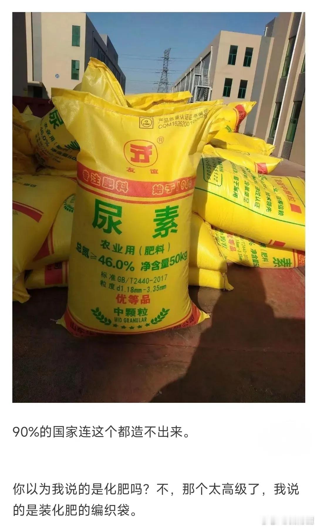 一点没错，全世界90%的国家，连化肥袋子都造不出来。要想生产化肥袋子，首先要能炼