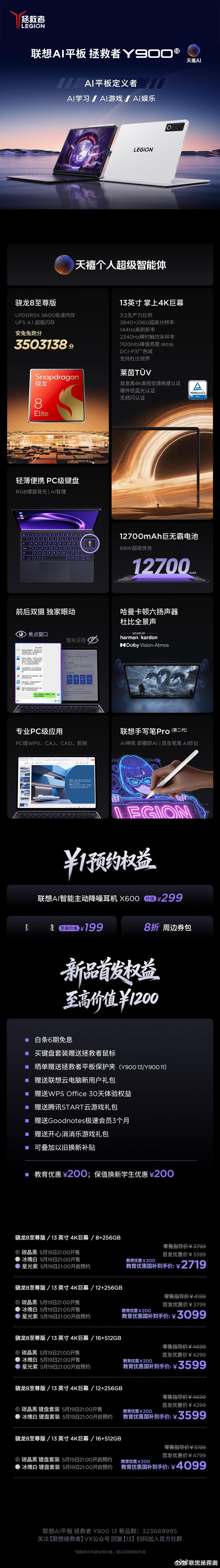 拯救者Y900：13英寸4K 144Hz LCD屏，1100nits 峰值亮度，