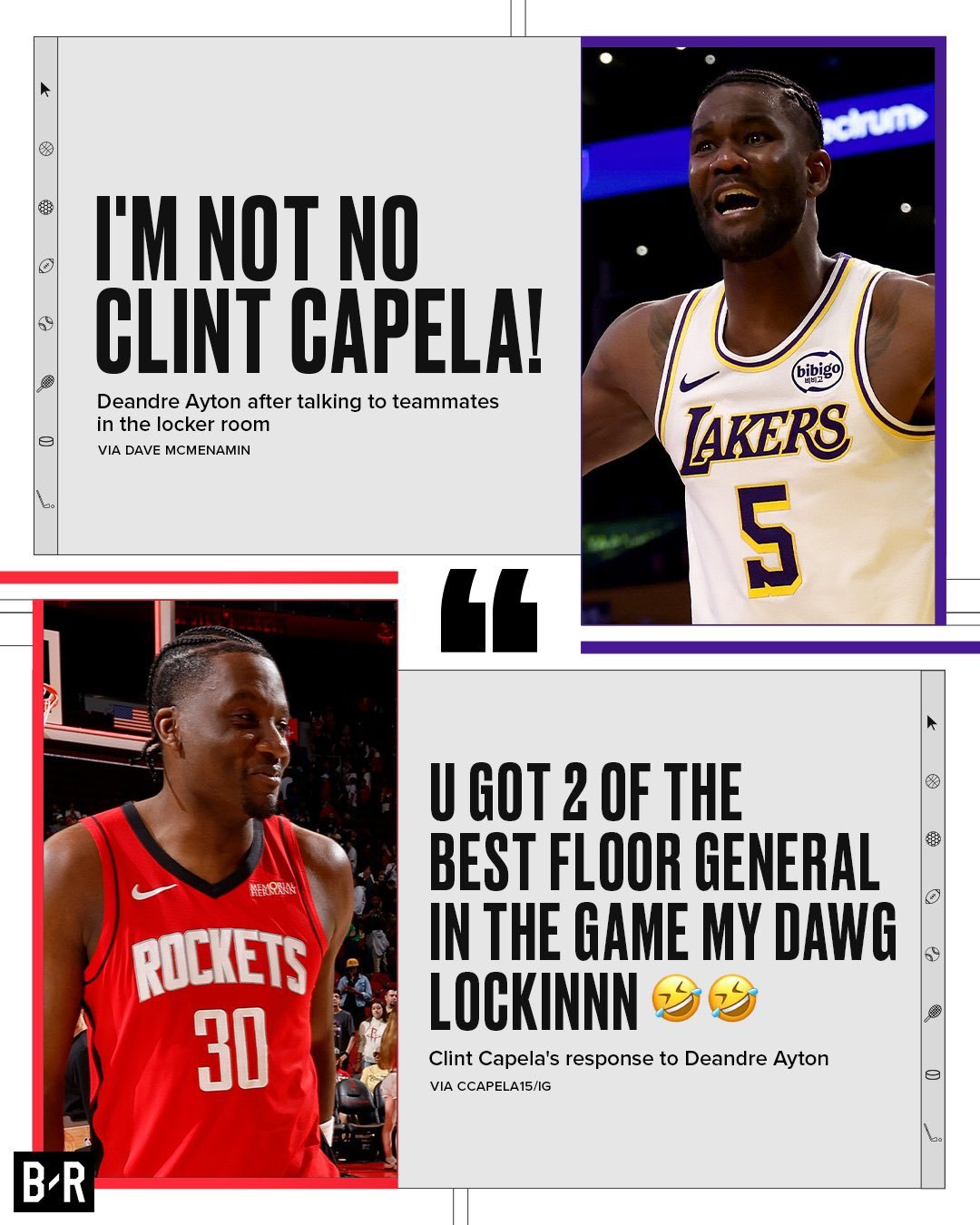 #艾顿卡佩拉正面对话#火箭对阵湖人，京因为背部伤病缺席。卡佩拉首发出战，对位湖人