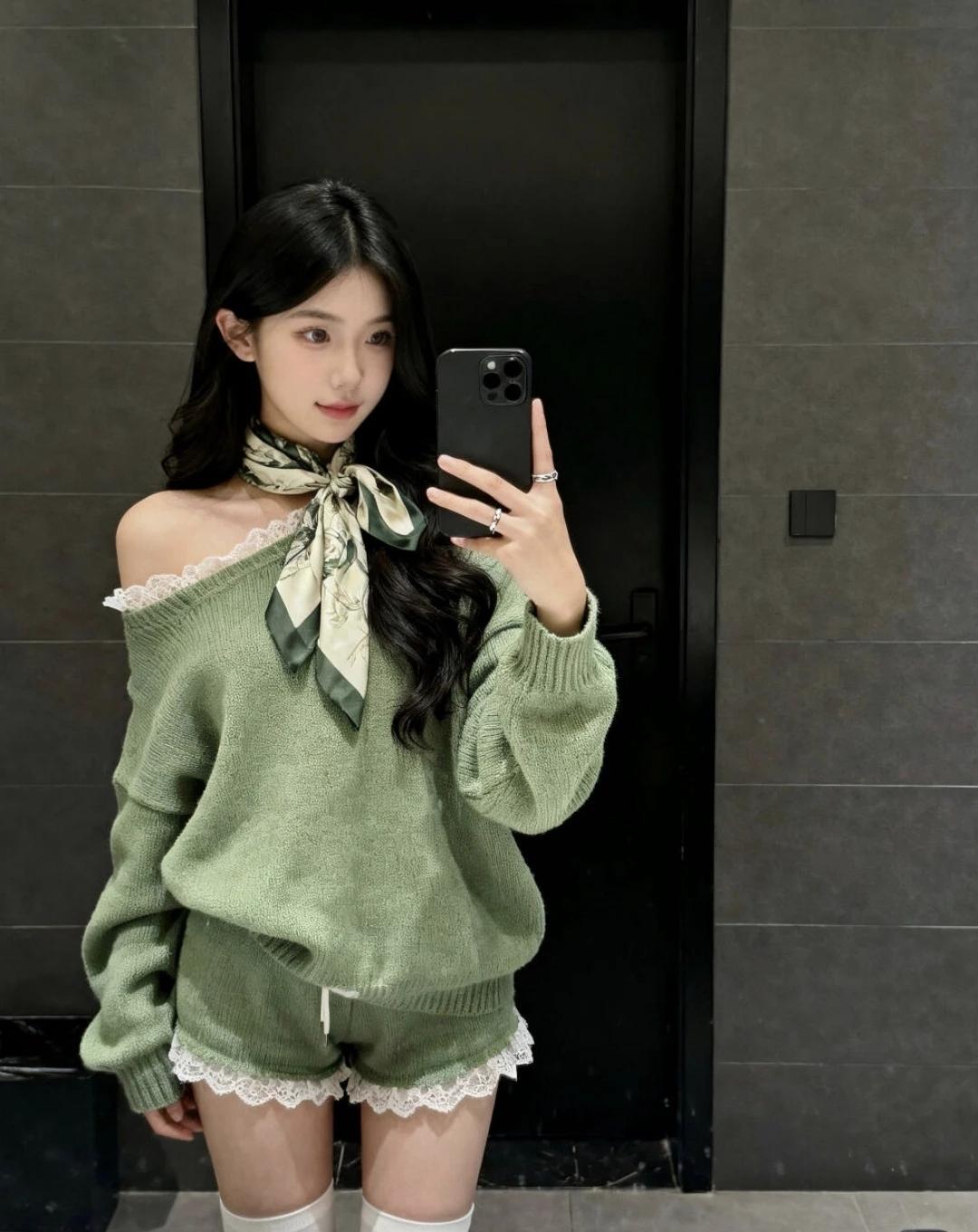 今天是松弛感橄榄绿套装~露肩蕾丝边+丝巾小点缀，慵懒又带点小心机，宅家自拍也能氛