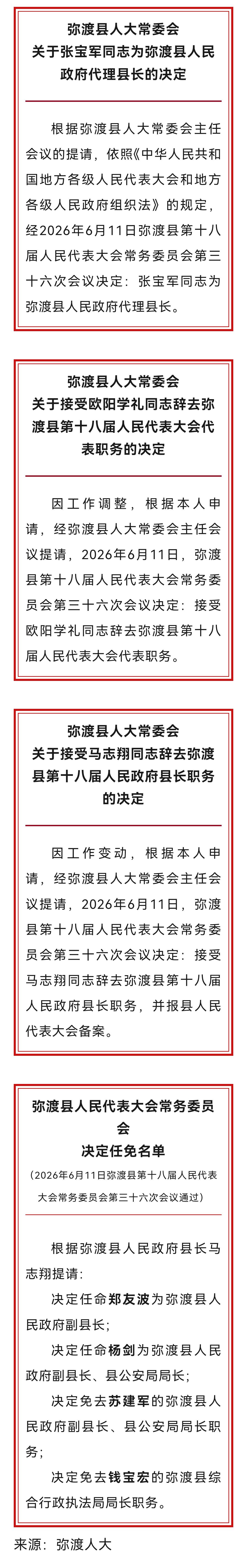 2026年6月11日，弥渡县十八届人大常委会第三十六次会议作出诸多重要决定。此次