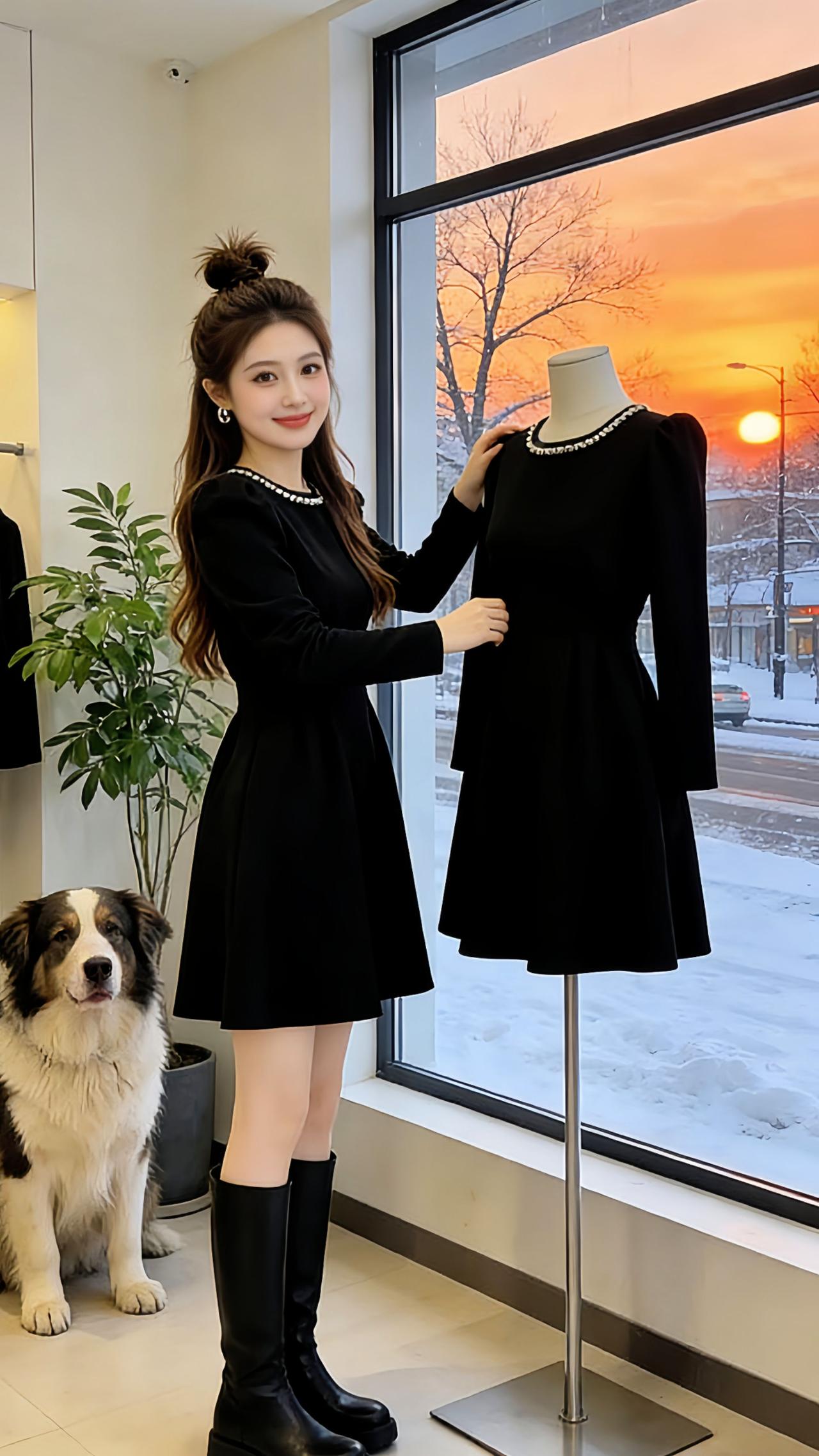 Danny在冬日服装店整理这款极简风黑裙时，一眼就爱上它的版型～窗边下午茶时衬得